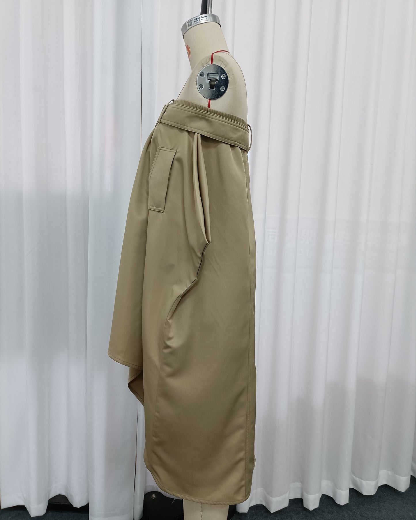 Khaki Off-Shoulder Trench-Style Dress with Belt Detail