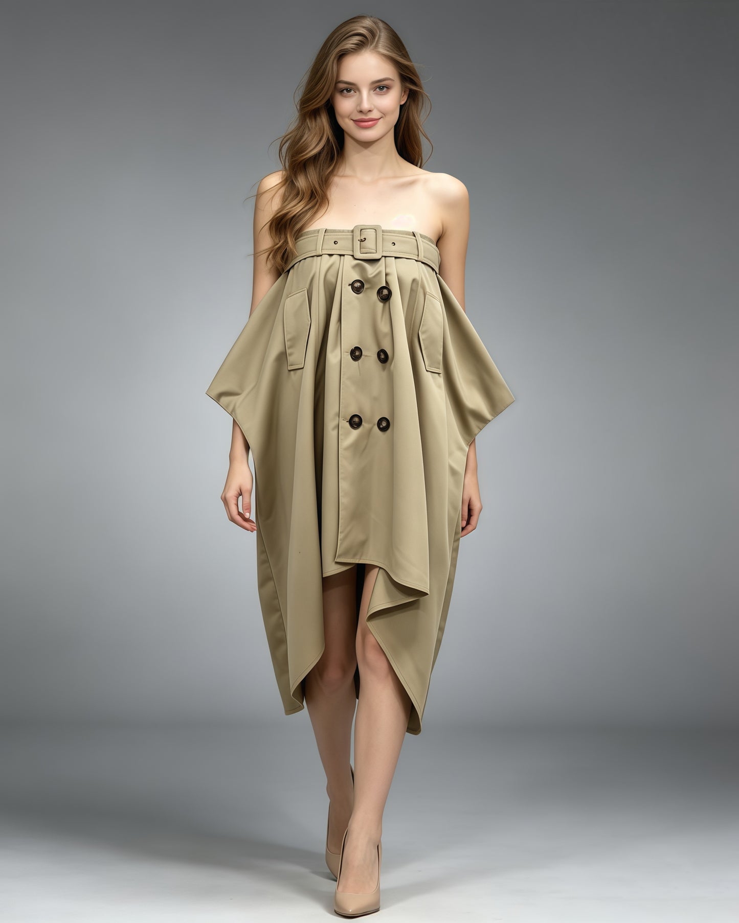 Khaki Off-Shoulder Trench-Style Dress with Belt Detail