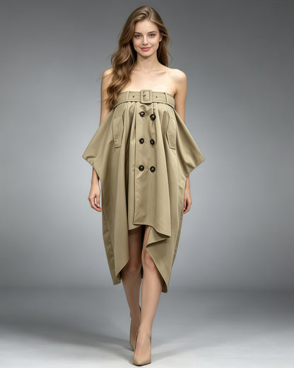 Khaki Off-Shoulder Trench-Style Dress with Belt Detail