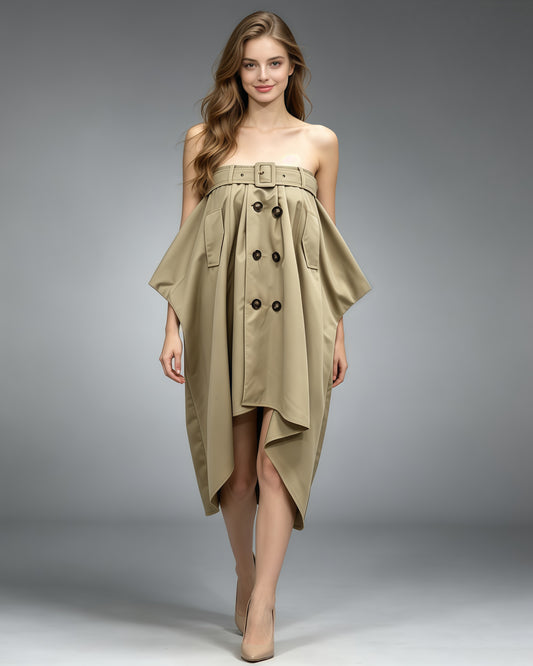 Khaki Off-Shoulder Trench-Style Dress with Belt Detail