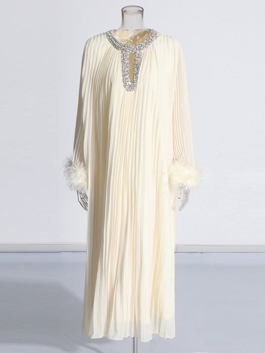 Beige Pleated Maxi Dress with Crystal & Feather Details