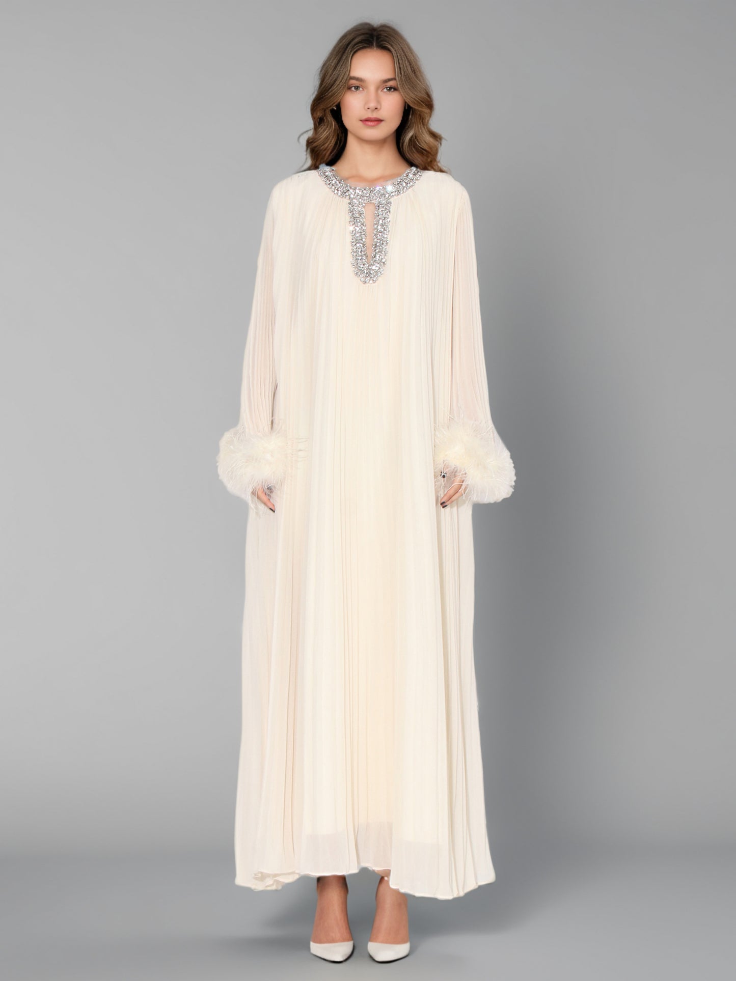 Beige Pleated Maxi Dress with Crystal & Feather Details
