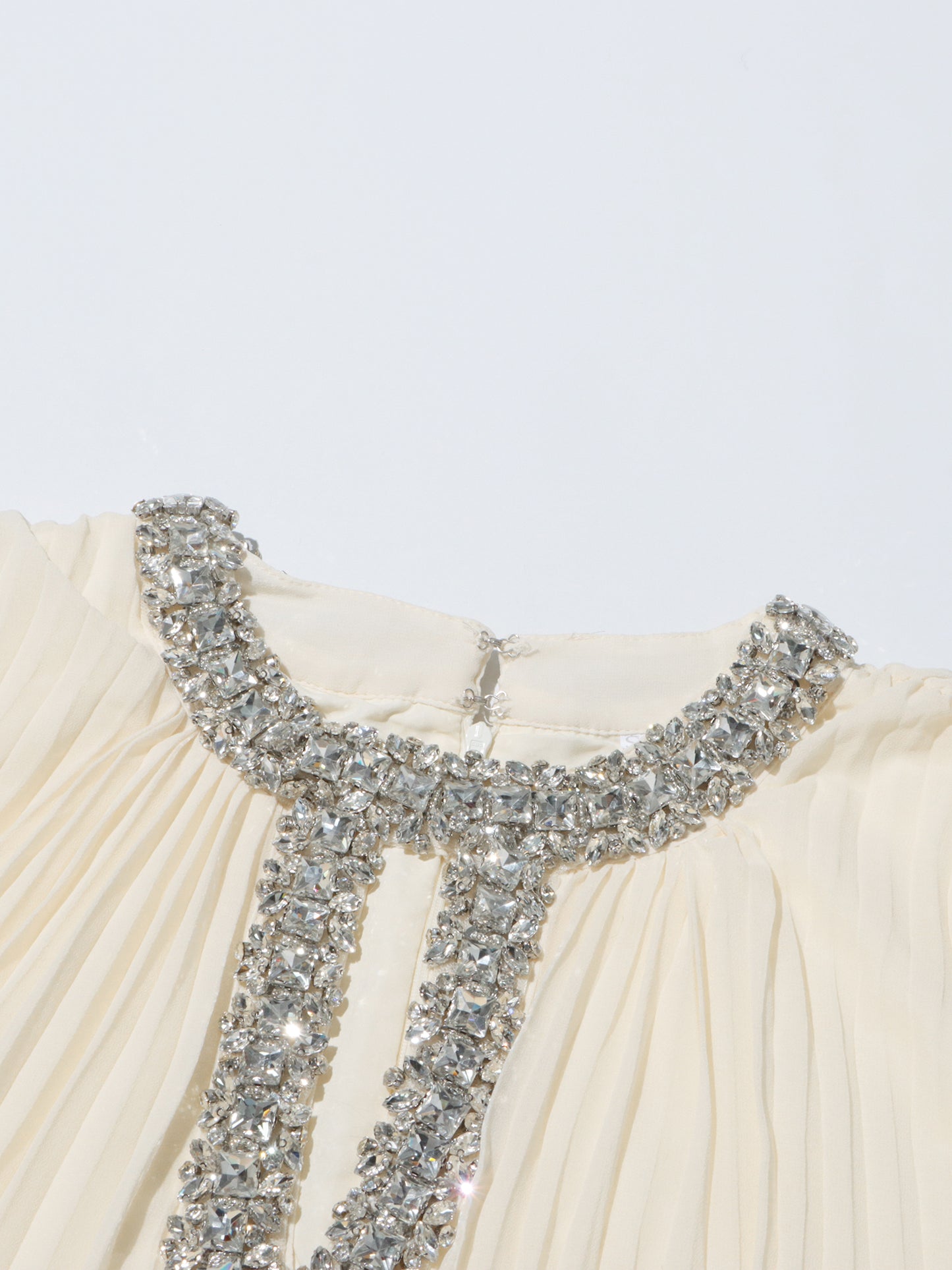 Beige Pleated Maxi Dress with Crystal & Feather Details