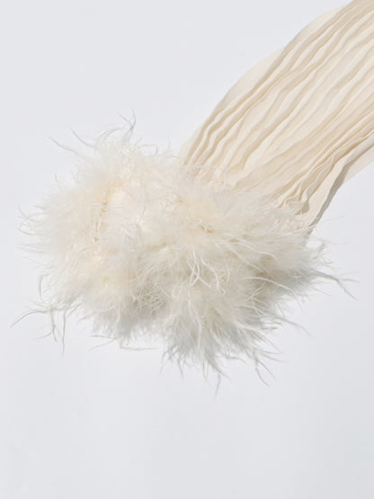 Beige Pleated Maxi Dress with Crystal & Feather Details