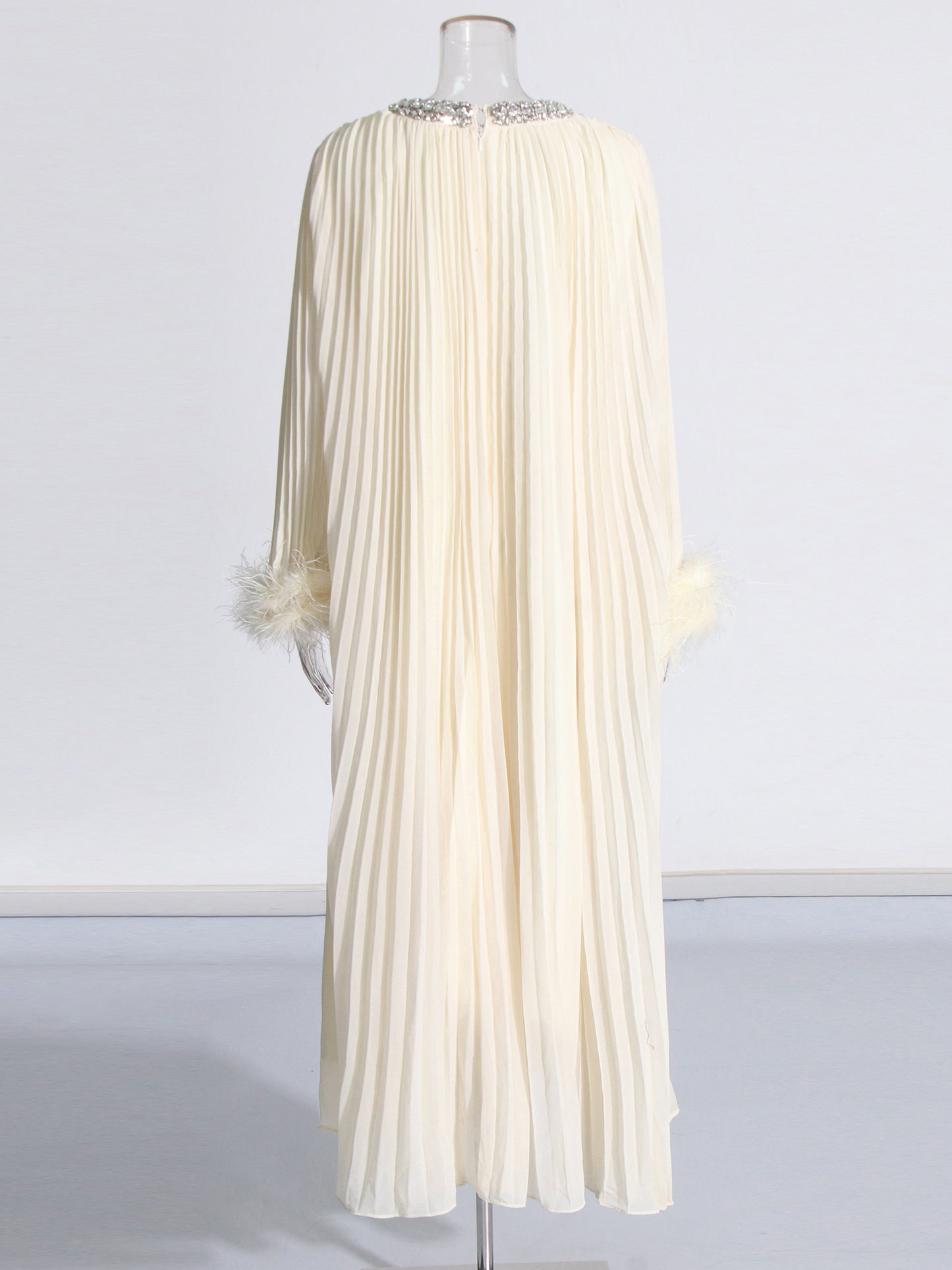 Beige Pleated Maxi Dress with Crystal & Feather Details