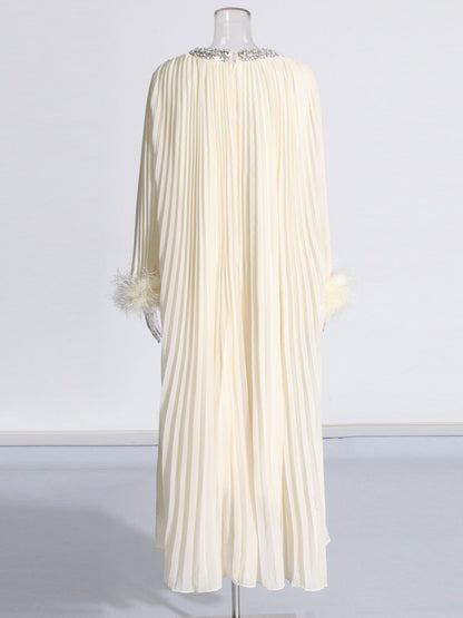 Beige Pleated Maxi Dress with Crystal & Feather Details
