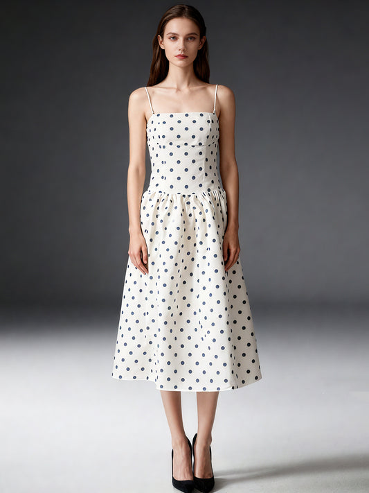 Beige Polka Dot Midi Dress with Spaghetti Straps
