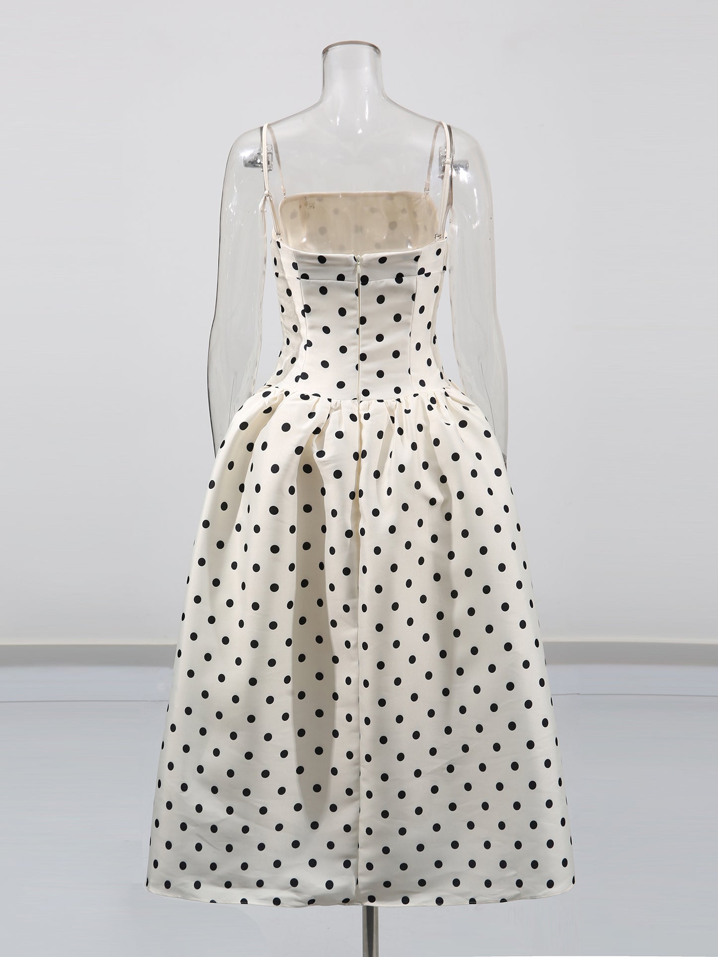 Beige Polka Dot Midi Dress with Spaghetti Straps