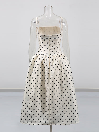 Beige Polka Dot Midi Dress with Spaghetti Straps