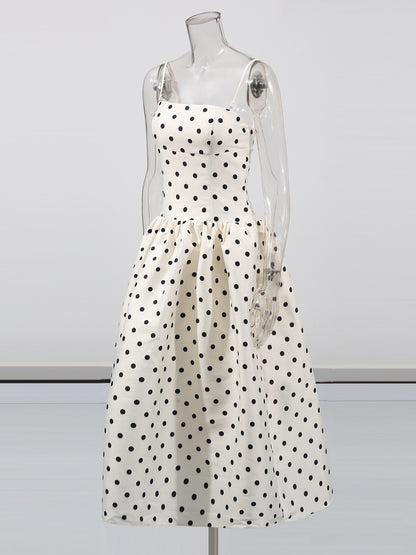 Beige Polka Dot Midi Dress with Spaghetti Straps