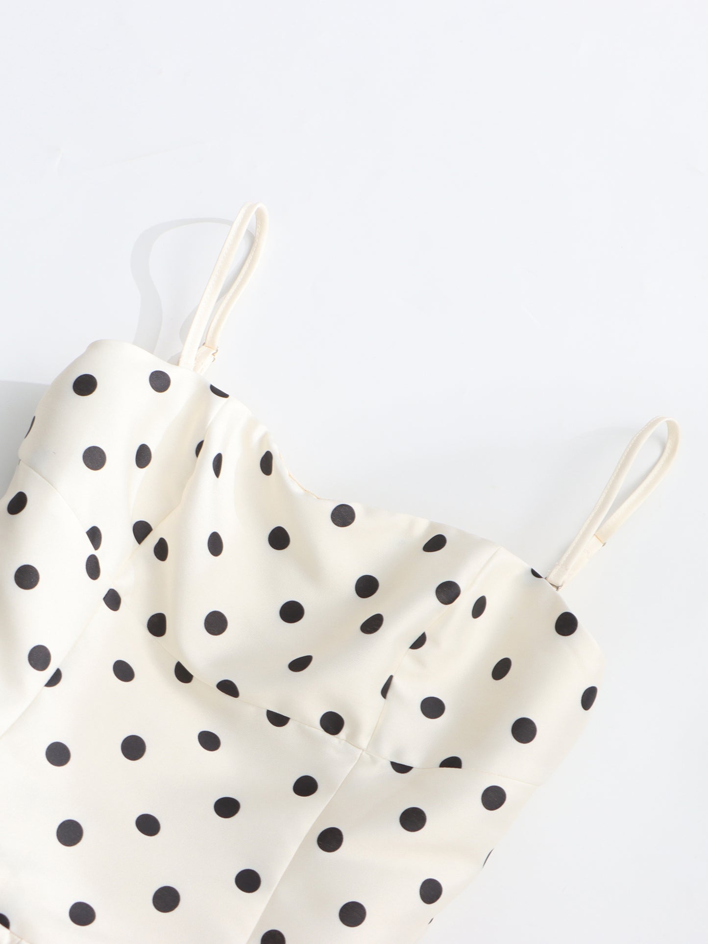 Beige Polka Dot Midi Dress with Spaghetti Straps
