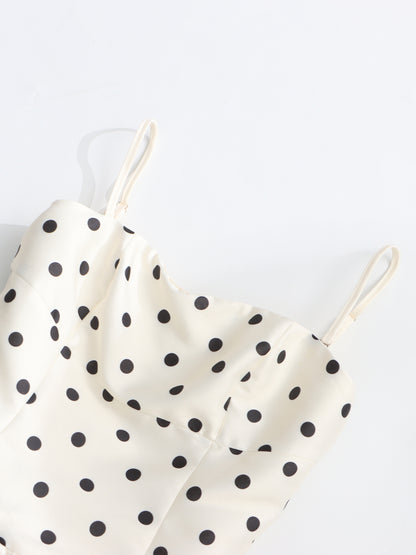 Beige Polka Dot Midi Dress with Spaghetti Straps