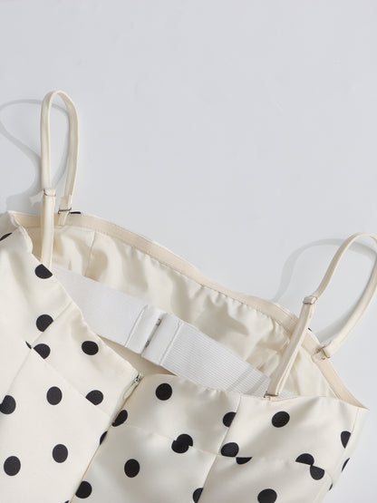 Beige Polka Dot Midi Dress with Spaghetti Straps