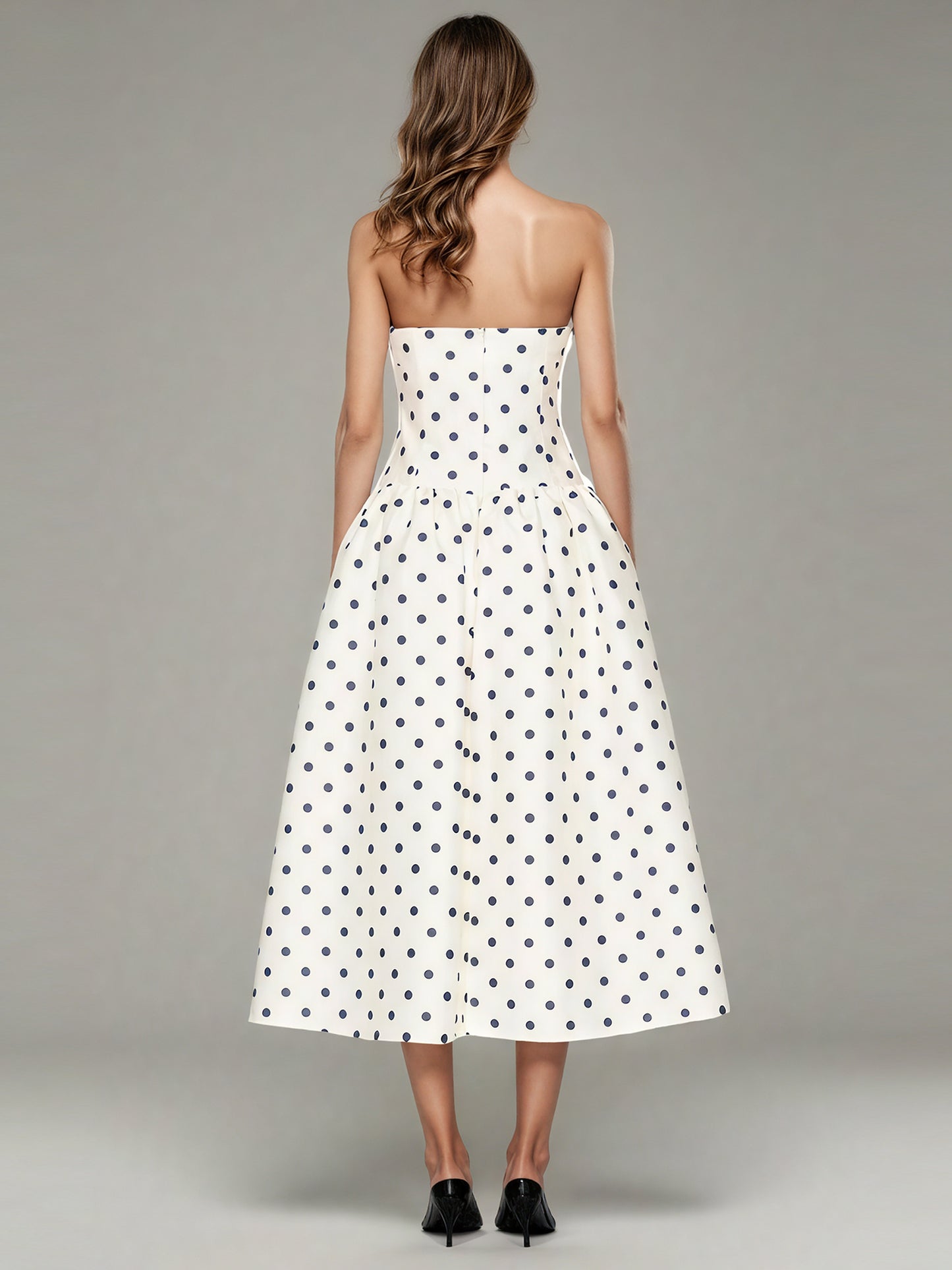Beige Polka Dot Midi Dress with Spaghetti Straps