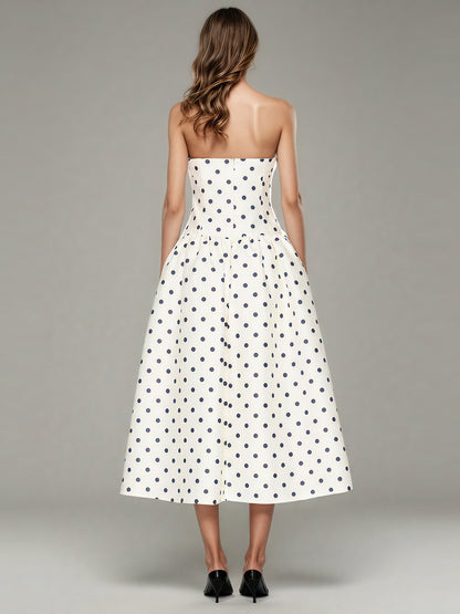 Beige Polka Dot Midi Dress with Spaghetti Straps