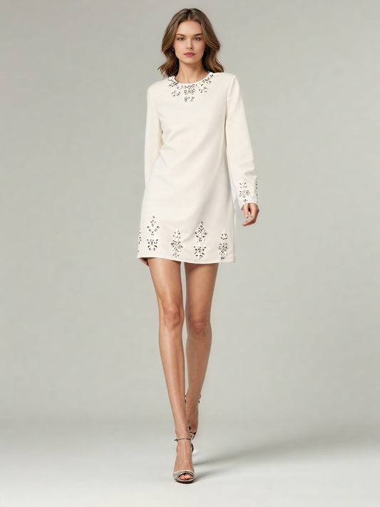 Beige Rhinestone-Embellished Mini Dress