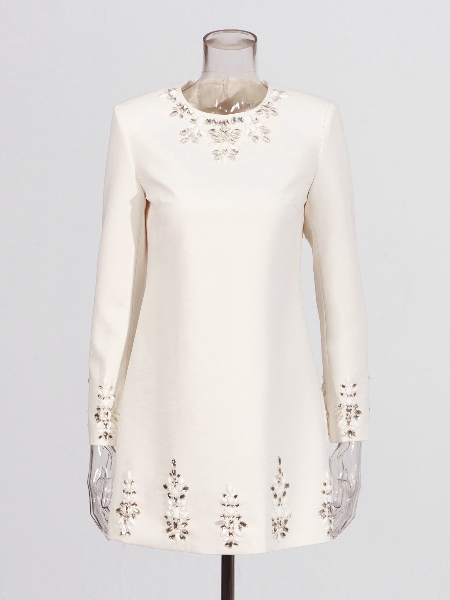 Beige Rhinestone-Embellished Mini Dress