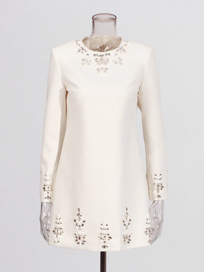 Beige Rhinestone-Embellished Mini Dress