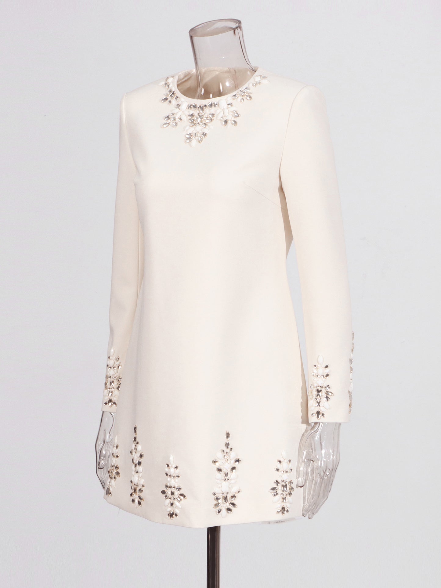 Beige Rhinestone-Embellished Mini Dress