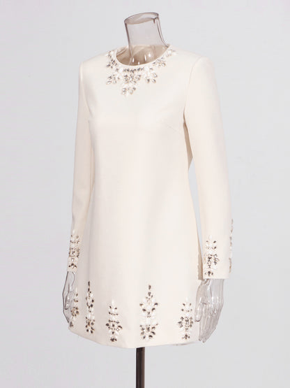 Beige Rhinestone-Embellished Mini Dress