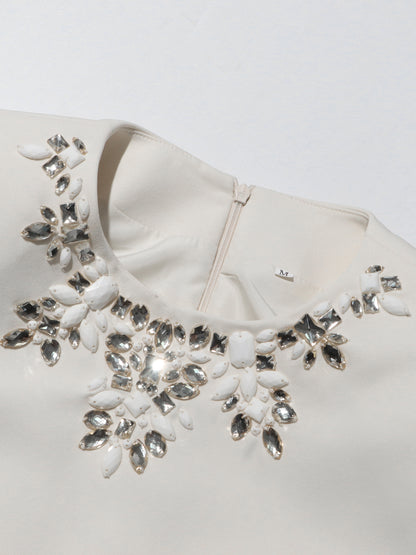 Beige Rhinestone-Embellished Mini Dress