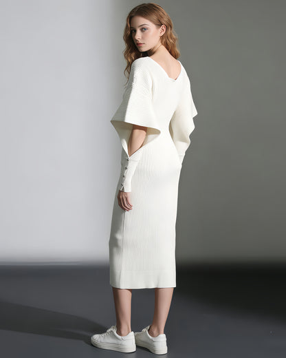 Beige Ribbed Knit Midi Dress with Cape Sleeves