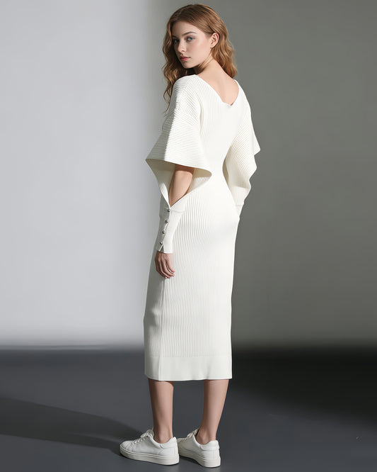 Beige Ribbed Knit Midi Dress with Cape Sleeves