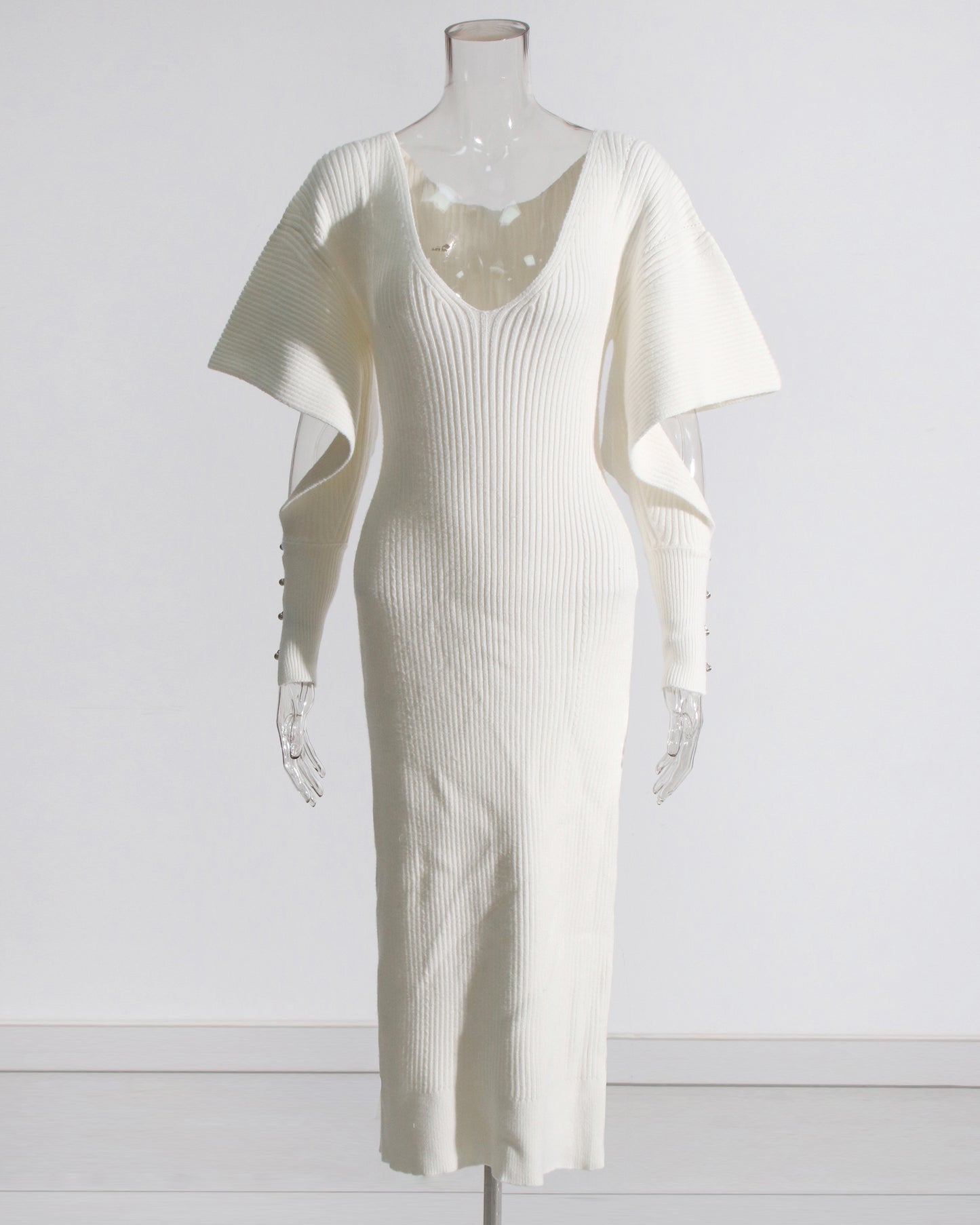 Beige Ribbed Knit Midi Dress with Cape Sleeves