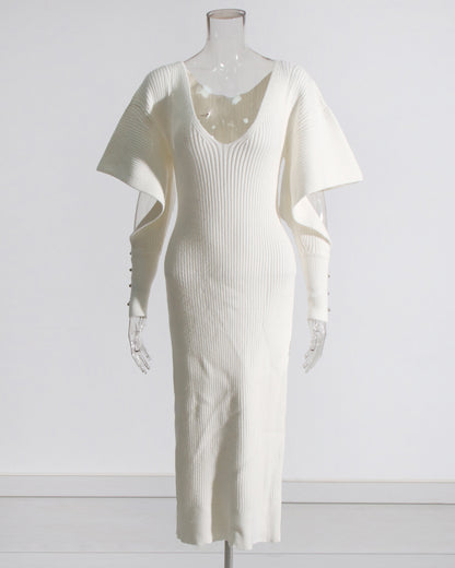 Beige Ribbed Knit Midi Dress with Cape Sleeves