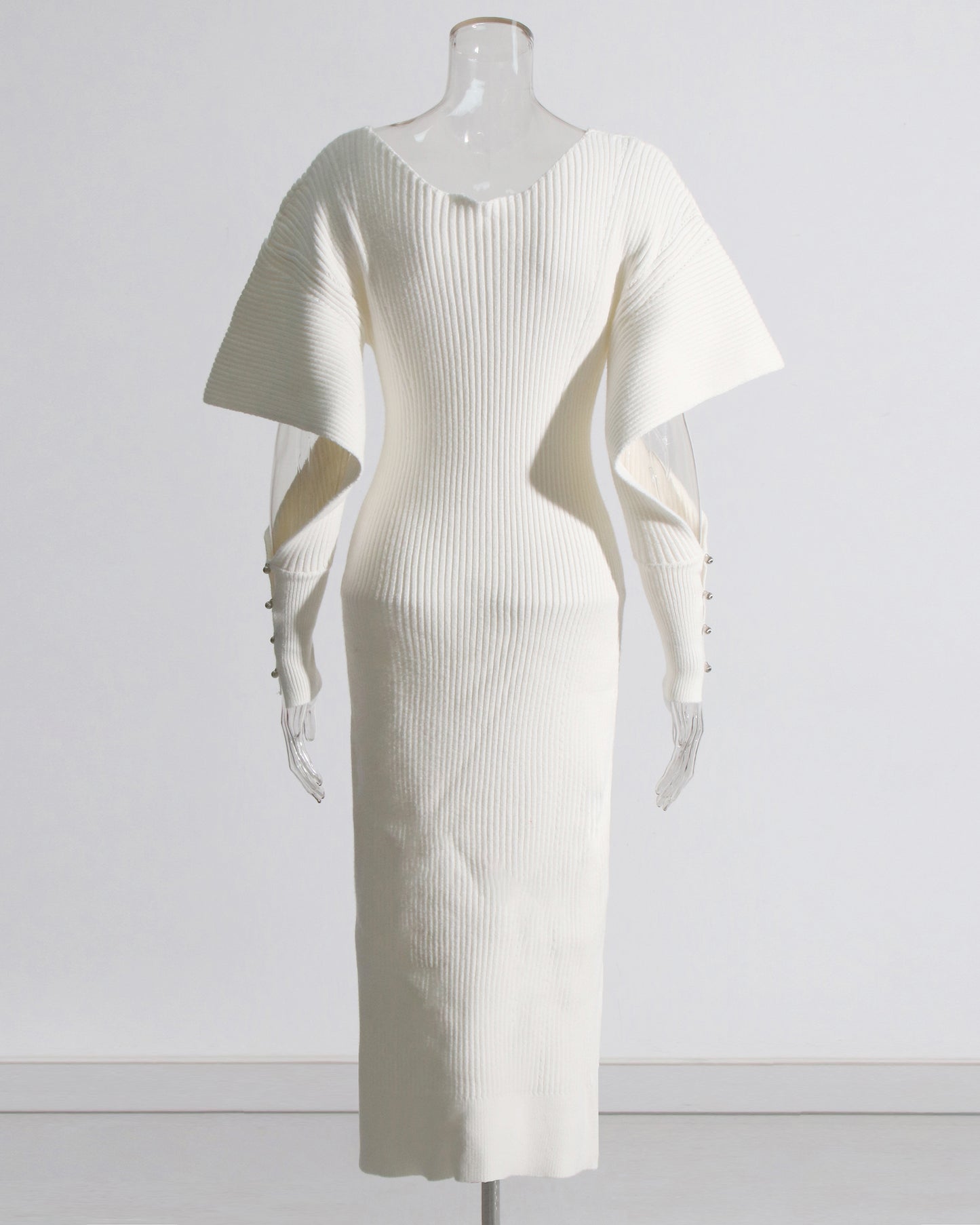 Beige Ribbed Knit Midi Dress with Cape Sleeves