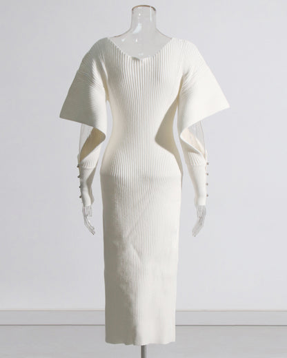 Beige Ribbed Knit Midi Dress with Cape Sleeves