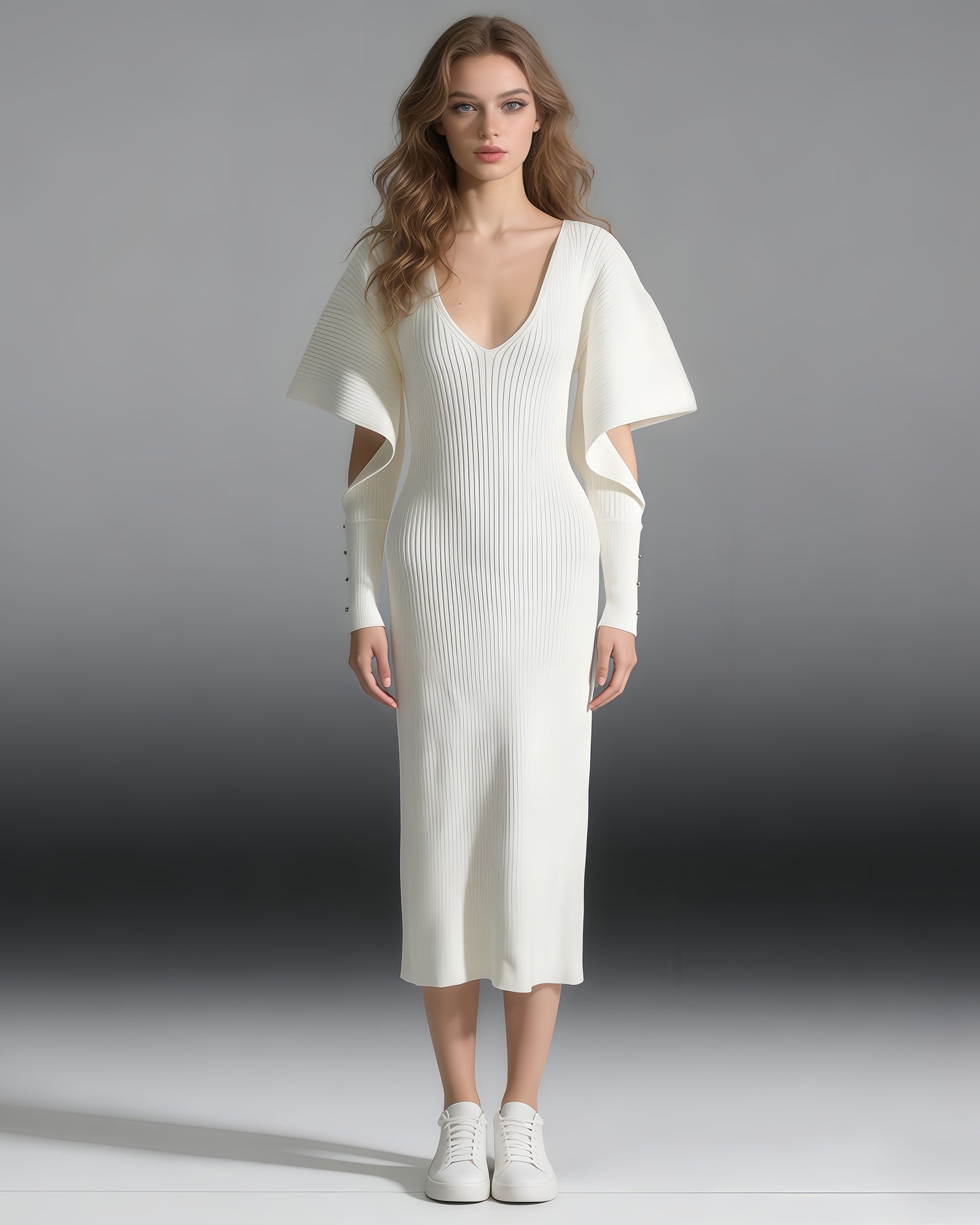 Beige Ribbed Knit Midi Dress with Cape Sleeves