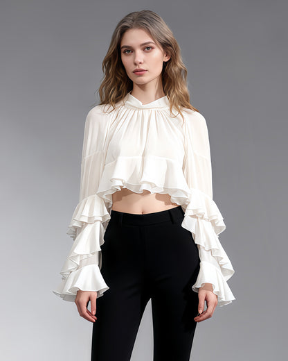 Beige Ruffled Chiffon Blouse with Tiered Bell Sleeves