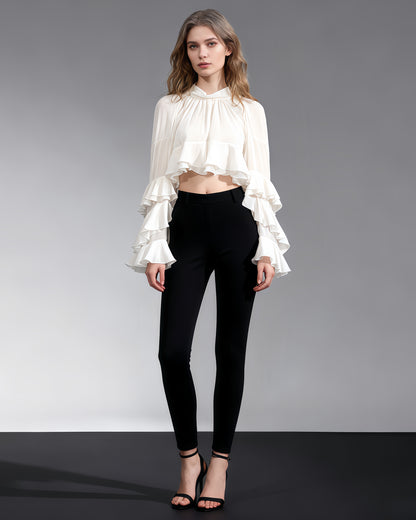 Beige Ruffled Chiffon Blouse with Tiered Bell Sleeves