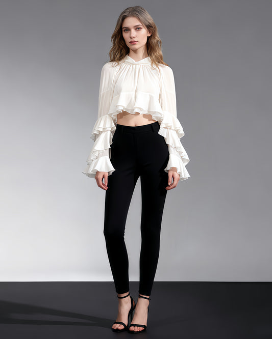 Beige Ruffled Chiffon Blouse with Tiered Bell Sleeves