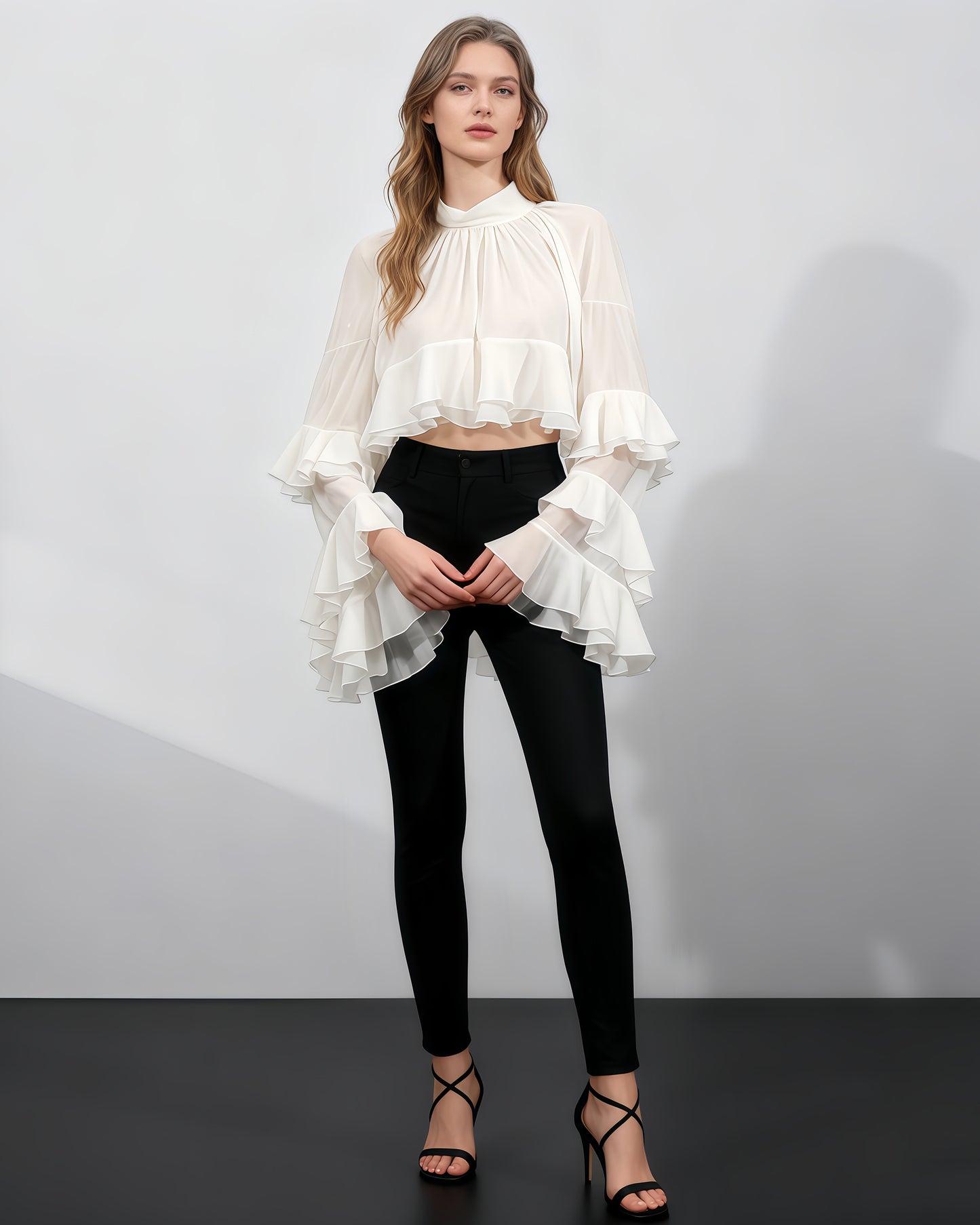 Beige Ruffled Chiffon Blouse with Tiered Bell Sleeves