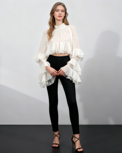 Beige Ruffled Chiffon Blouse with Tiered Bell Sleeves
