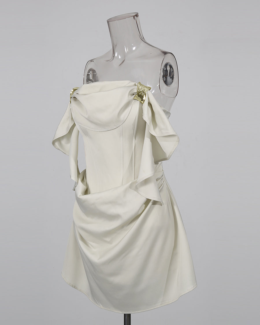 Beigeapricot Strapless Ruffle Mini Dress With Metal Hardware