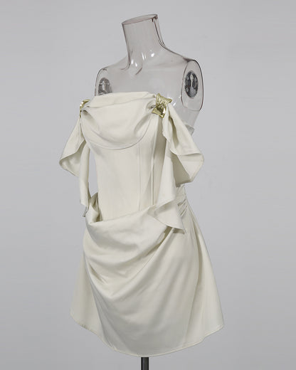 Beigeapricot Strapless Ruffle Mini Dress With Metal Hardware