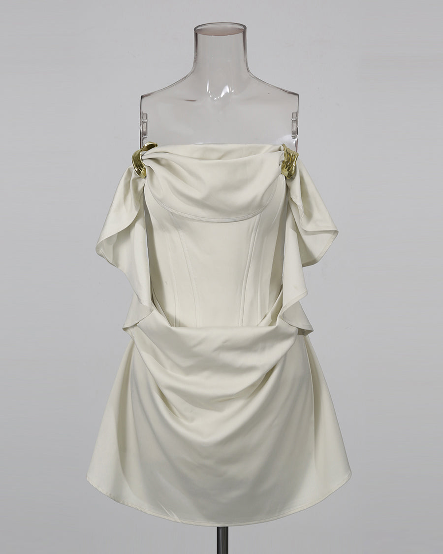 Beigeapricot Strapless Ruffle Mini Dress With Metal Hardware