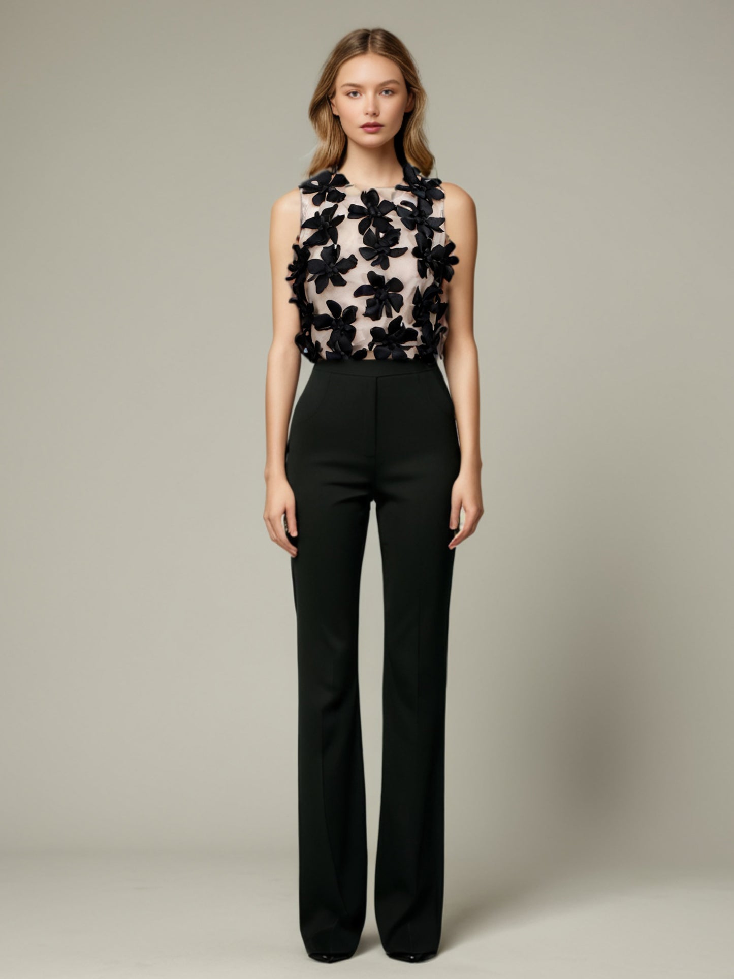 Black 3D Floral Appliqué Sleeveless Top
