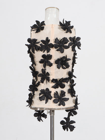 Black 3D Floral Appliqué Sleeveless Top