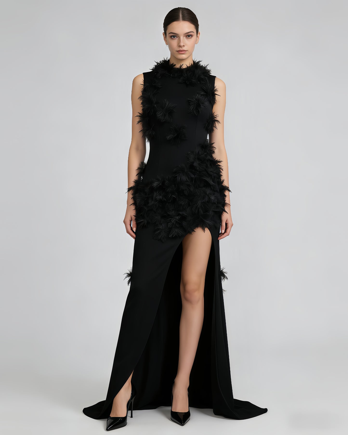 Black 3D Floral Cutout Slit Maxi Dress