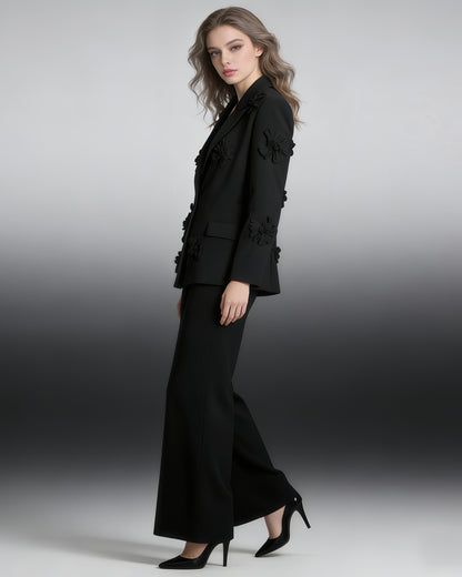 Black 3D Floral Double-Breasted Blazer