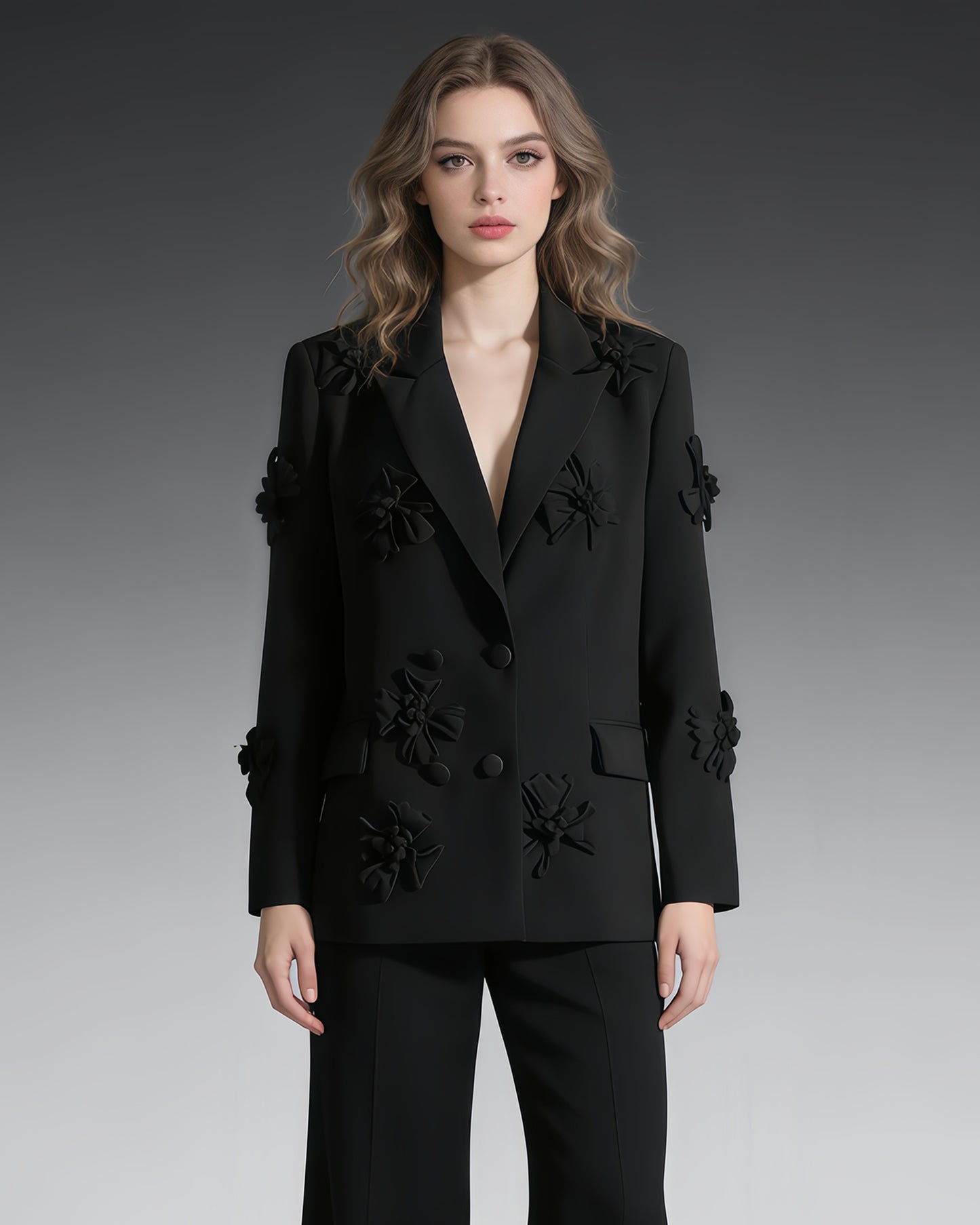 Black 3D Floral Double-Breasted Blazer