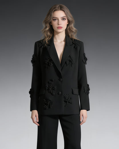 Black 3D Floral Double-Breasted Blazer