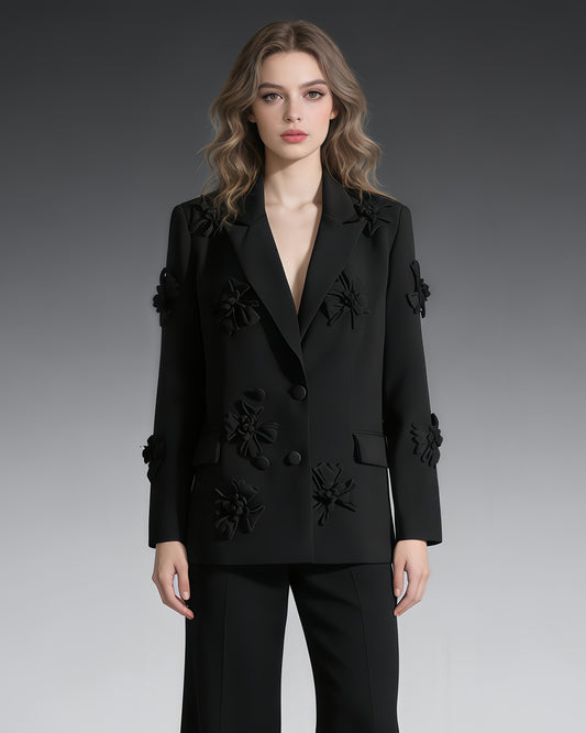 Black 3D Floral Double-Breasted Blazer