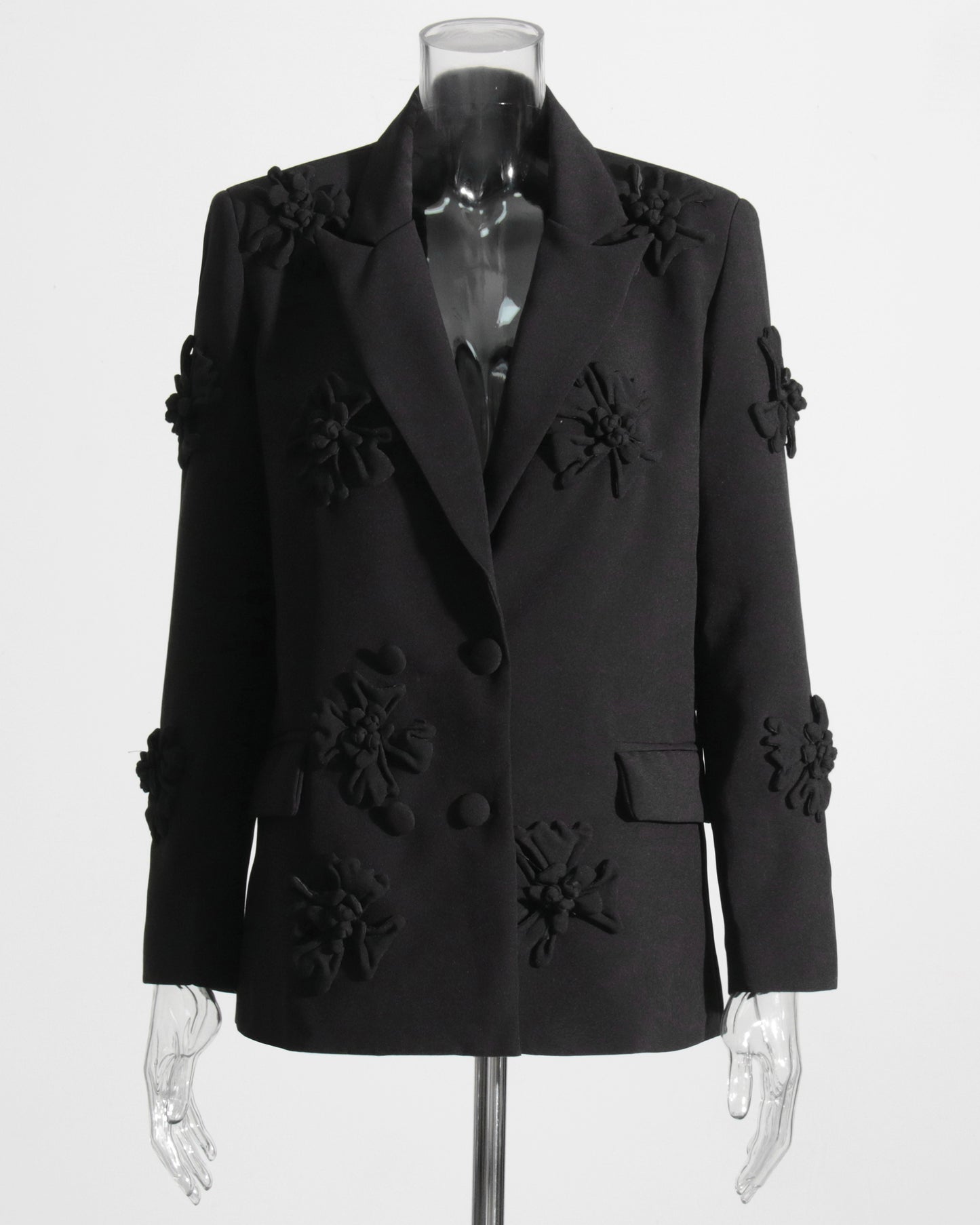 Black 3D Floral Double-Breasted Blazer