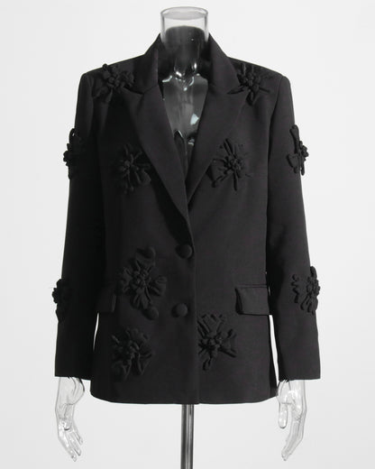 Black 3D Floral Double-Breasted Blazer