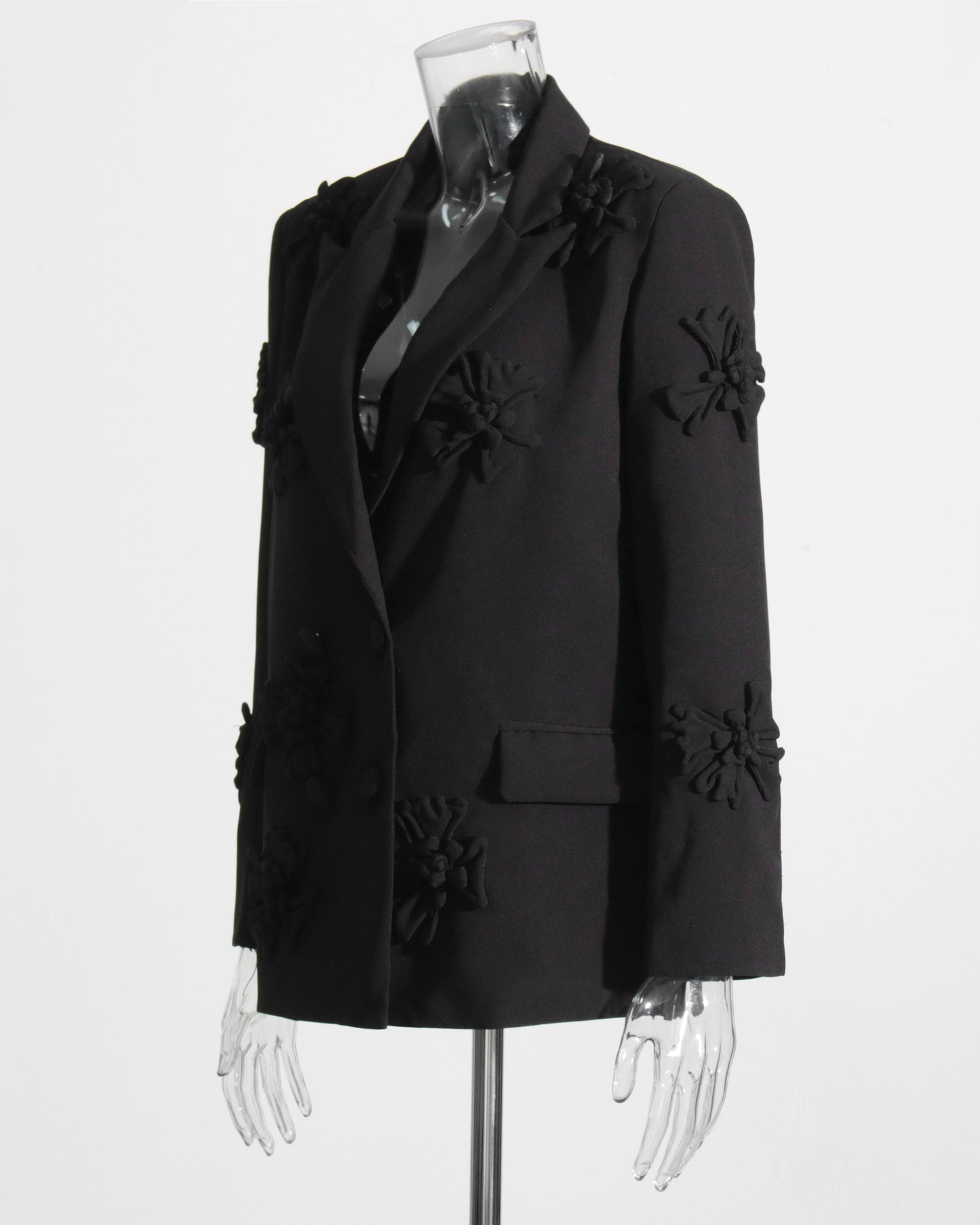 Black 3D Floral Double-Breasted Blazer